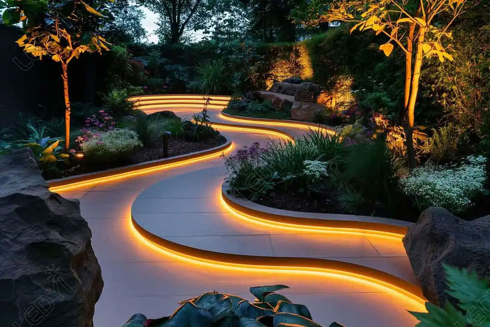 A serene garden pathway lined with glowing lights, creating a magical atmosphere amidst the surrounding plants.