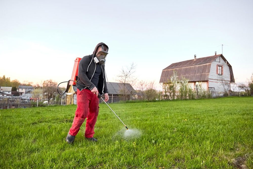 A man dressed in red sprays a lawn with a sprayer, ensuring even coverage on the vibrant green grass.