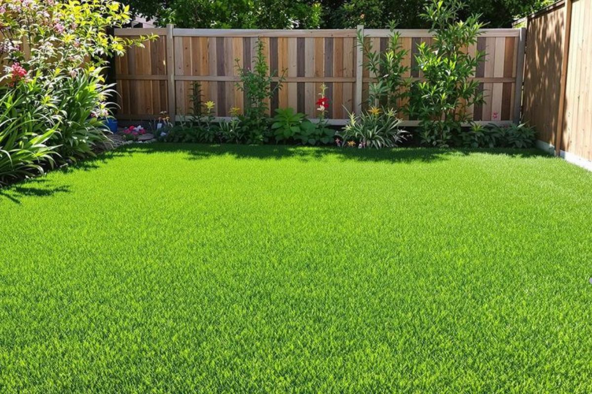 Lush artificial grass covers a backyard, showcasing a low-maintenance alternative to natural grass for homeowners.