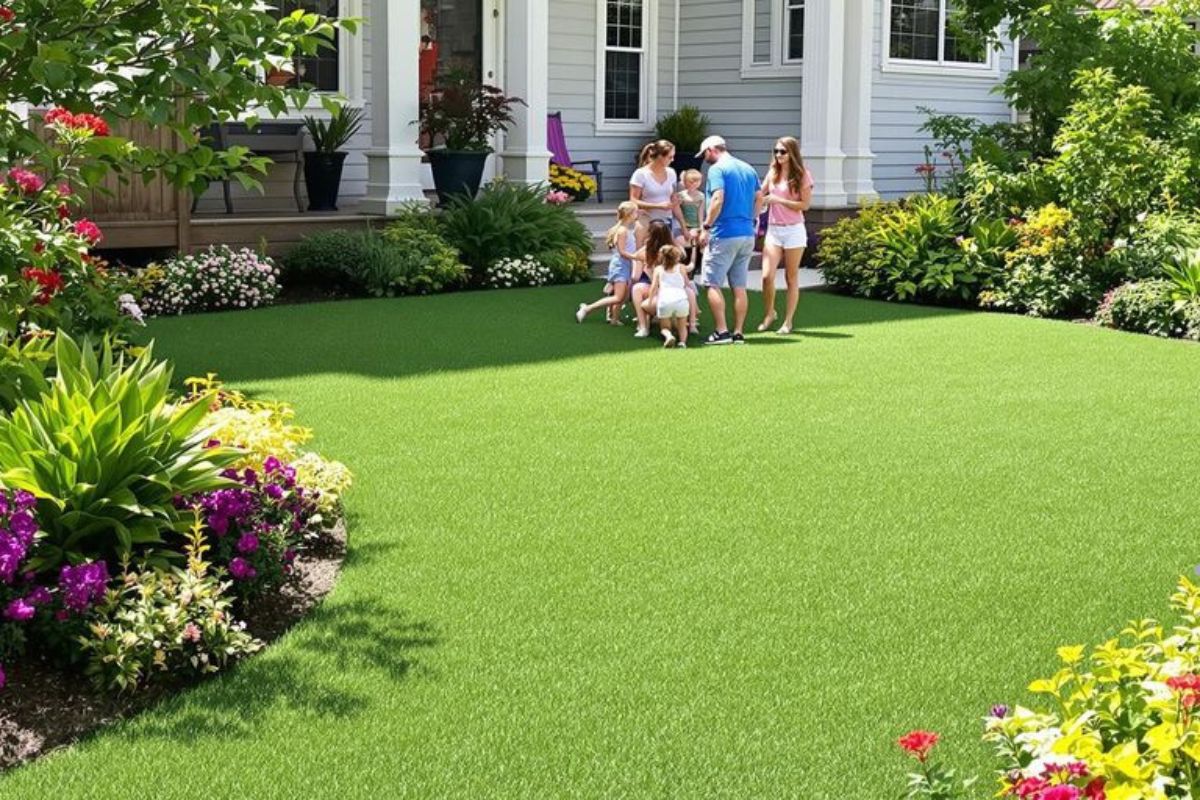 A well-maintained backyard featuring synthetic grass, ensuring a safe and enjoyable environment for family activities.