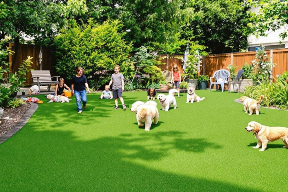A backyard adorned with artificial grass, highlighting its safety features and providing a soft, green landscape.